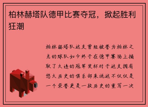 柏林赫塔队德甲比赛夺冠，掀起胜利狂潮